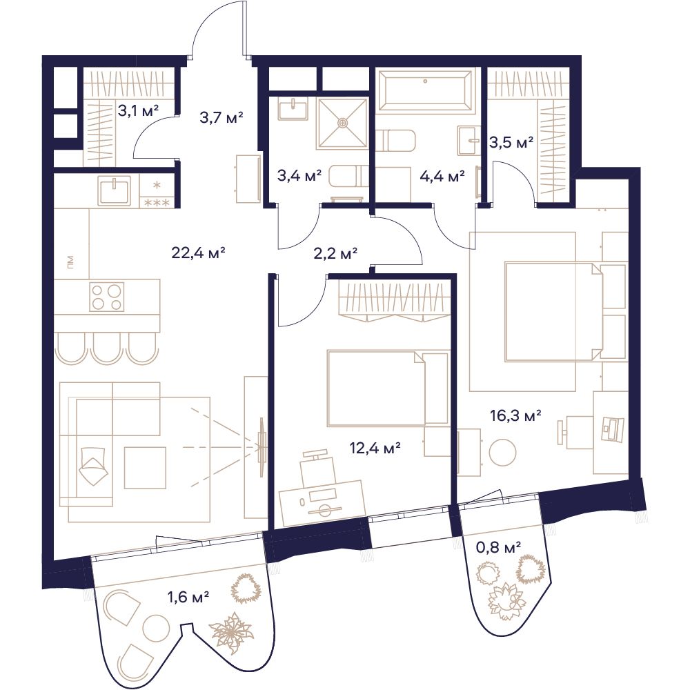 2 комн. квартира, 73.8 м², 10 этаж 