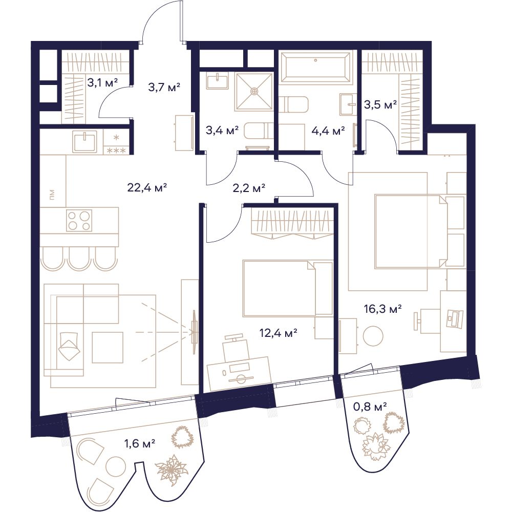 2 комн. квартира, 73.8 м², 14 этаж 