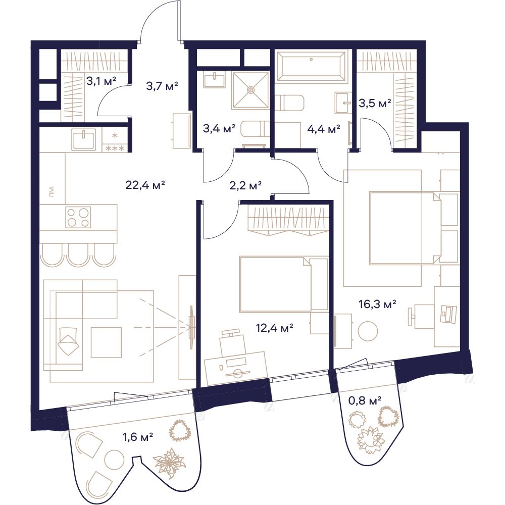2 комн. квартира, 73.8 м², 15 этаж 