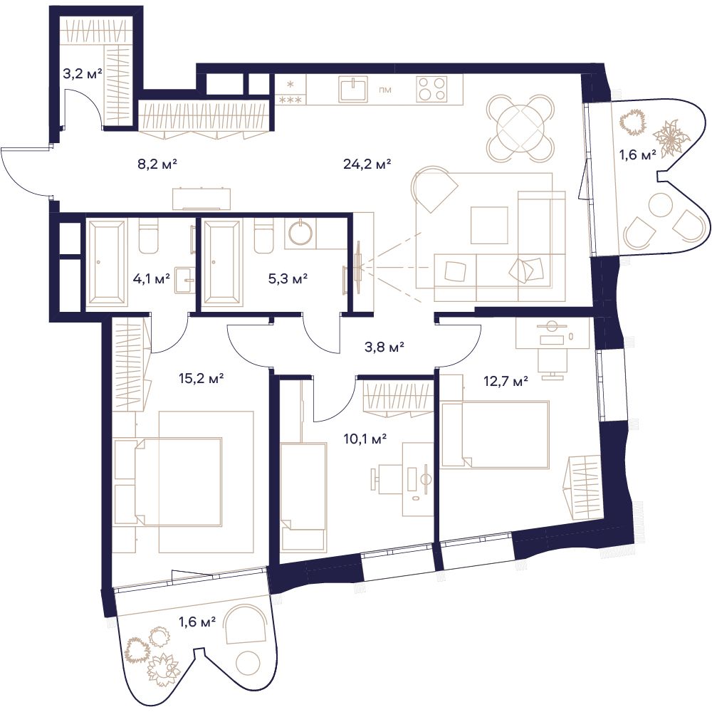 3 комн. квартира, 90 м², 19 этаж 