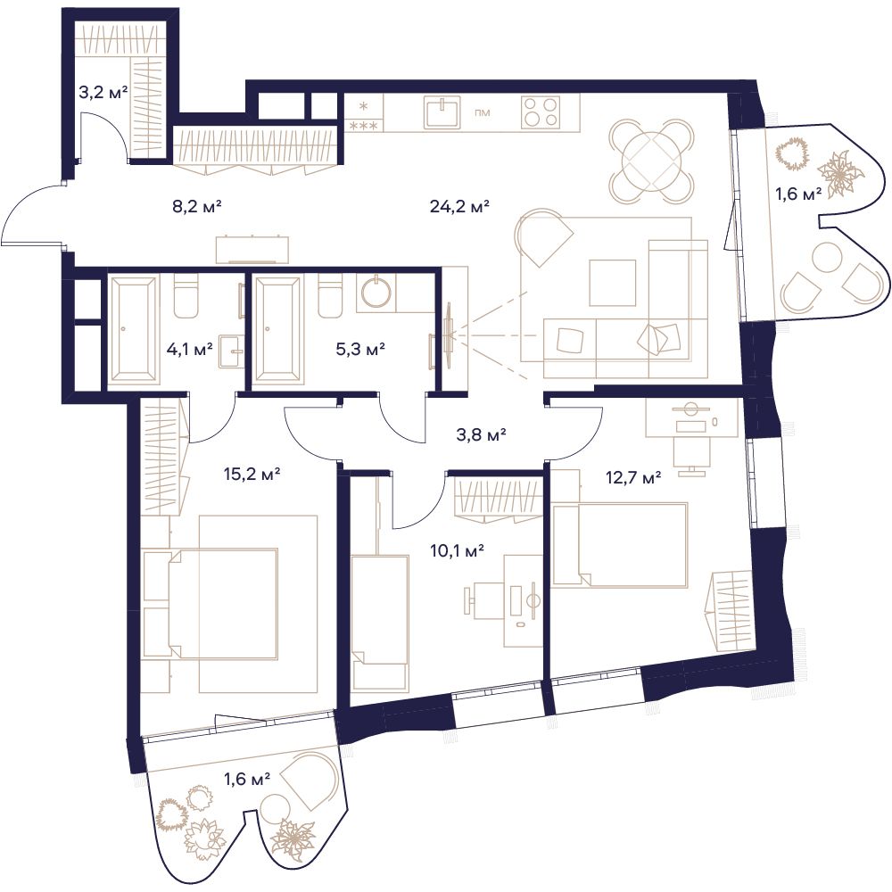 3 комн. квартира, 90 м², 14 этаж 