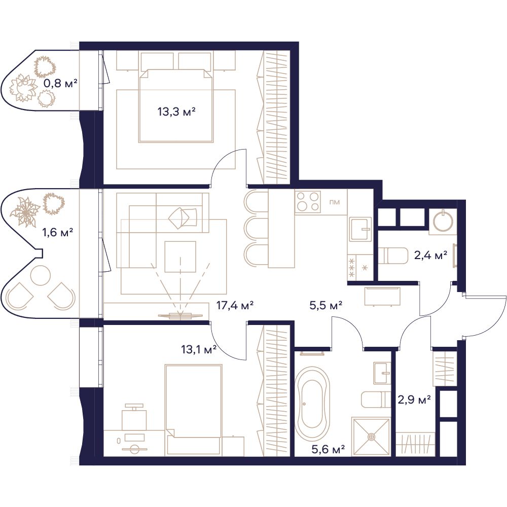 2 комн. квартира, 62 м², 7 этаж 
