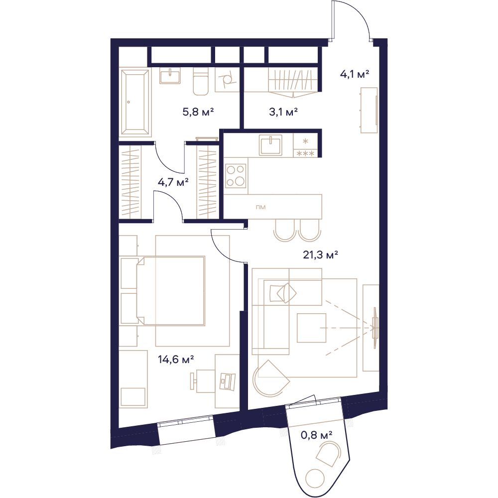 1 комн. квартира, 54.4 м², 18 этаж 