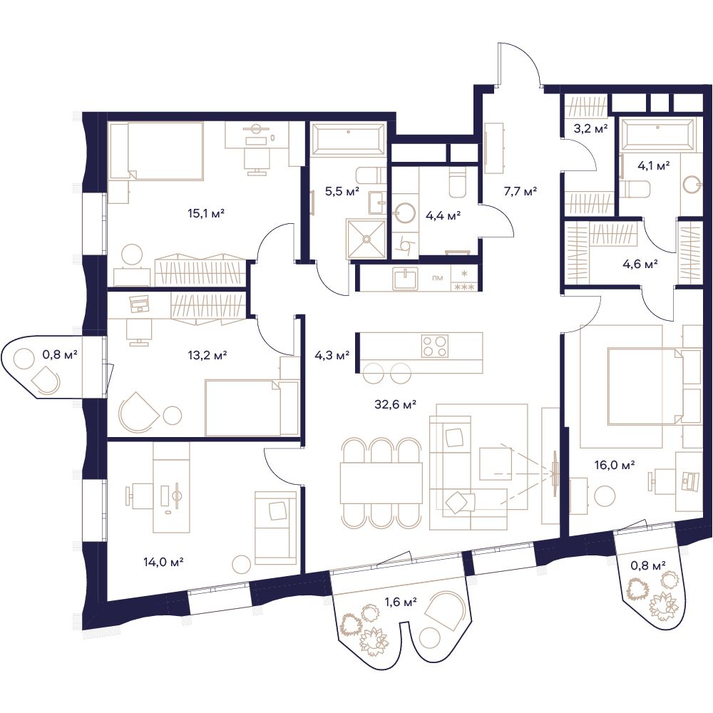 4 комн. квартира, 127.9 м², 19 этаж 