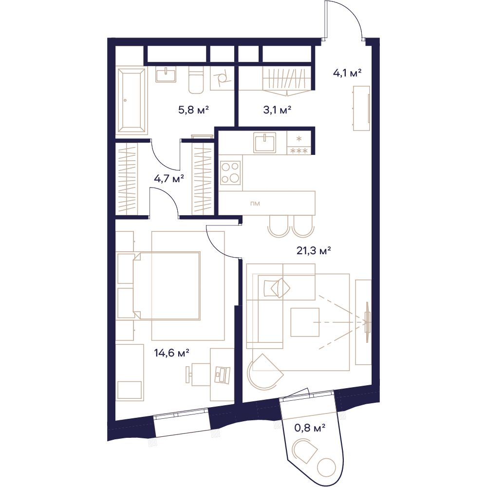 1 комн. квартира, 54.4 м², 19 этаж 