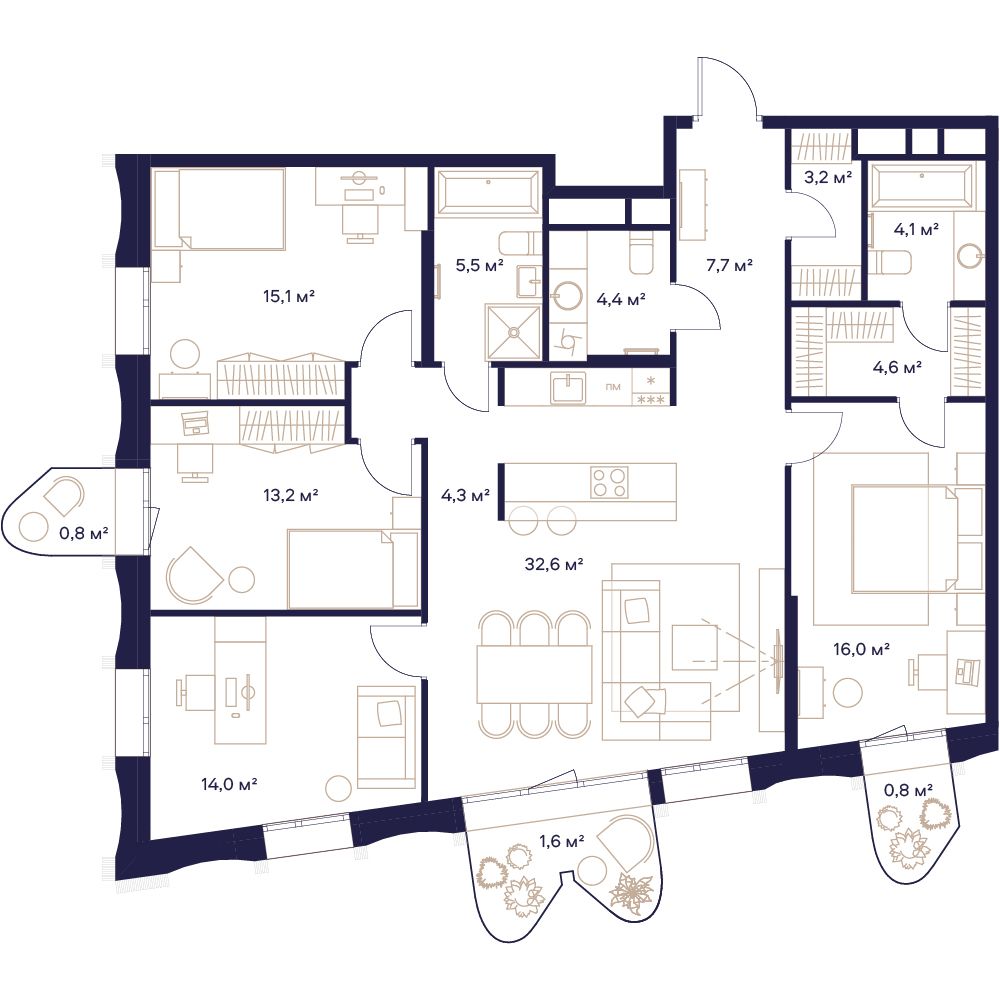 4 комн. квартира, 127.9 м², 20 этаж 
