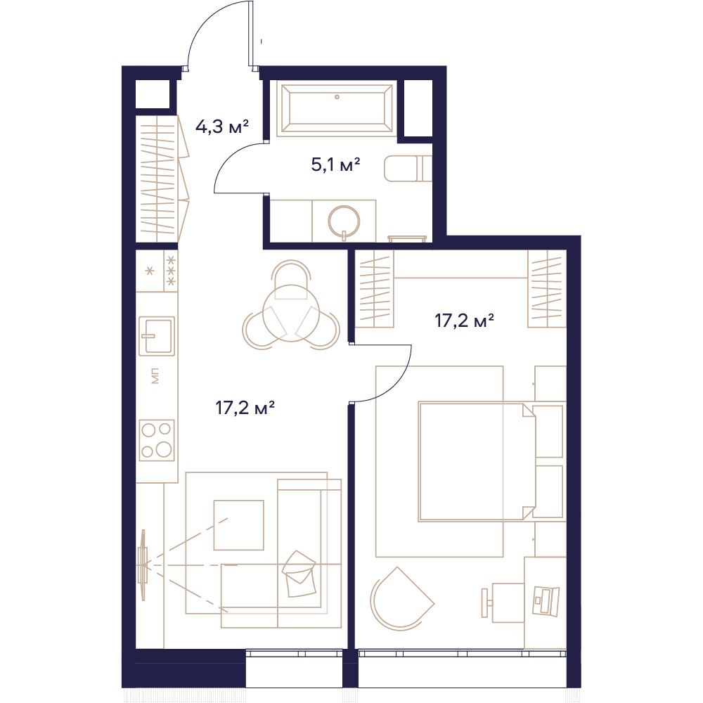 1 комн. квартира, 43.8 м², 2 этаж 