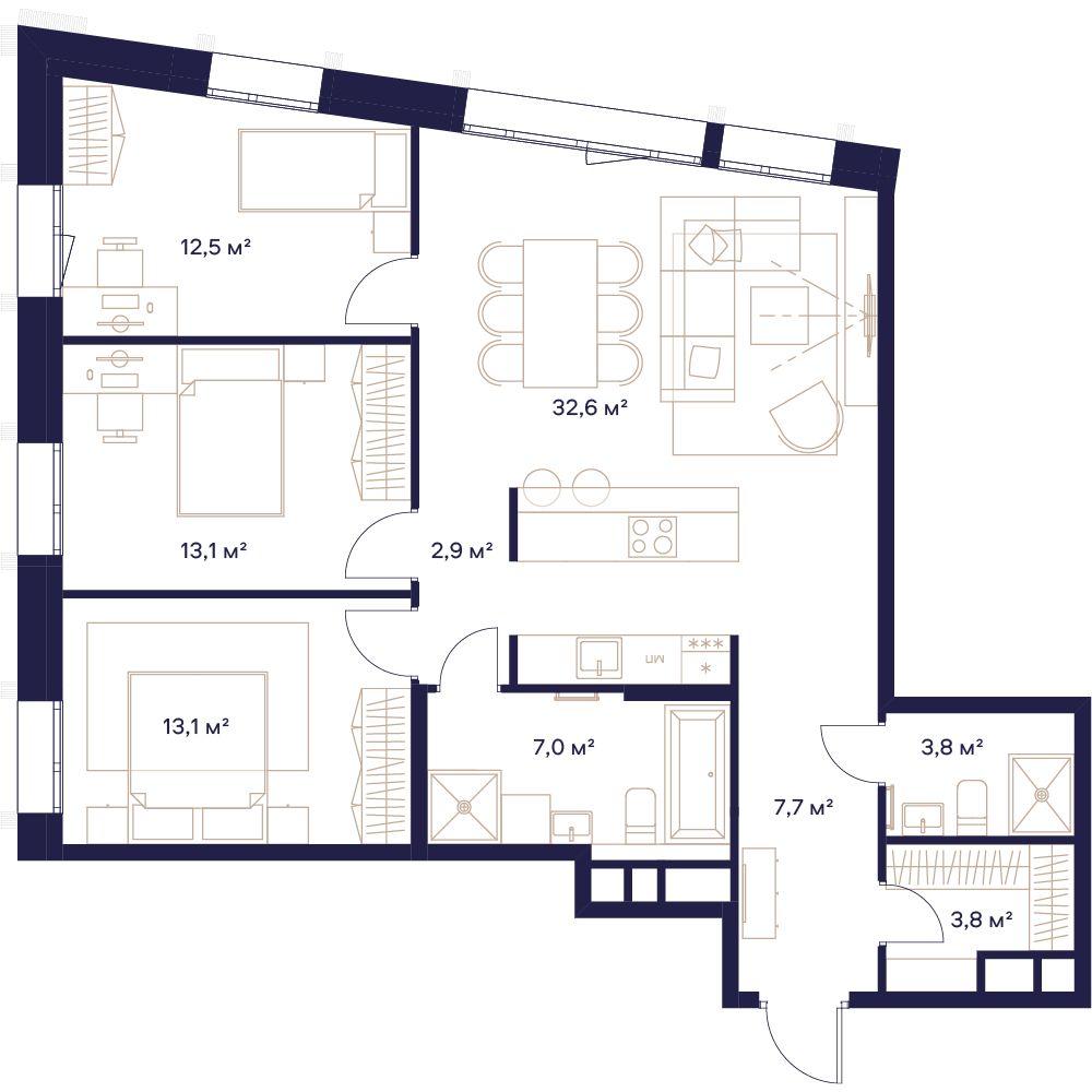 3 комн. квартира, 96.5 м², 4 этаж 