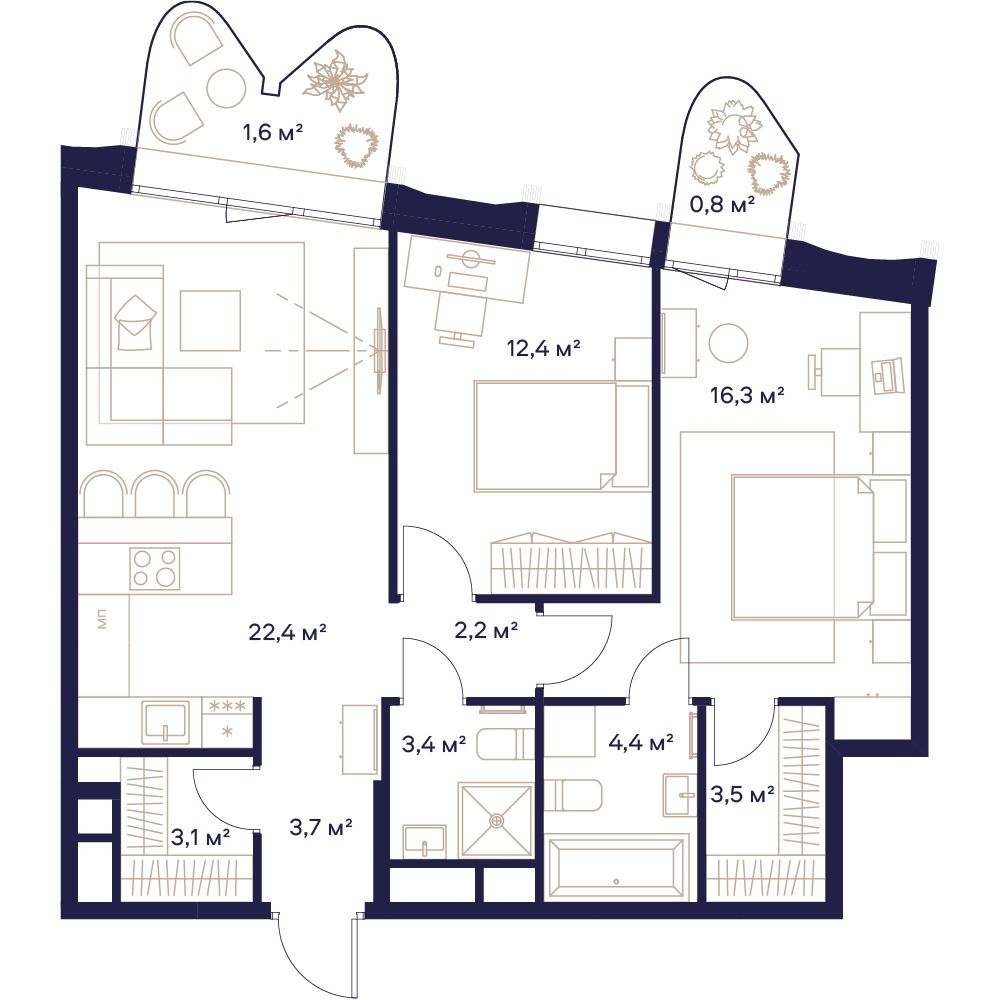 2 комн. квартира, 73.9 м², 19 этаж 