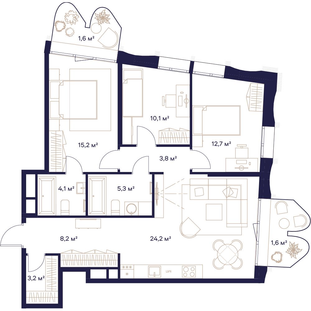 3 комн. квартира, 90.2 м², 16 этаж 
