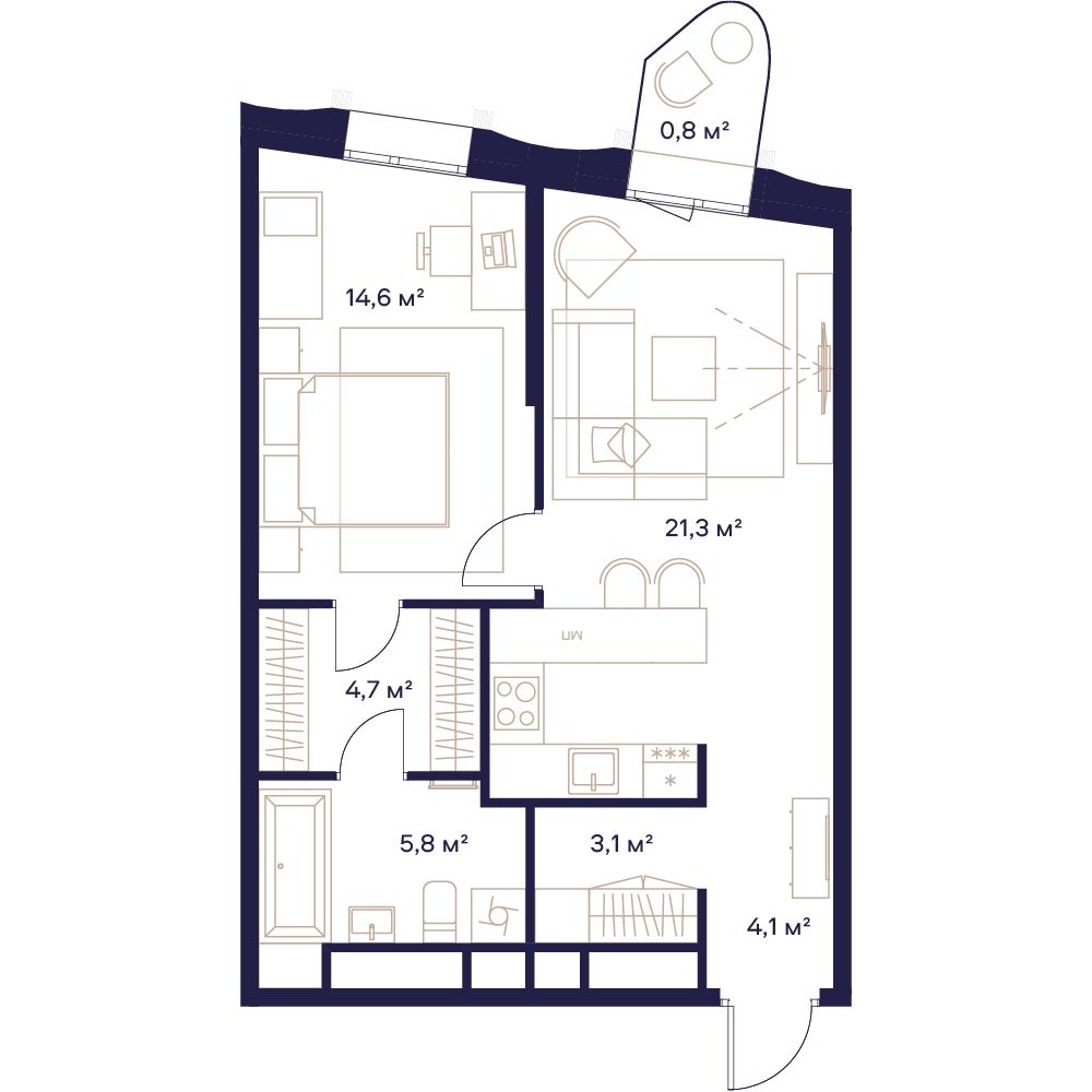 1 комн. квартира, 54.4 м², 17 этаж 