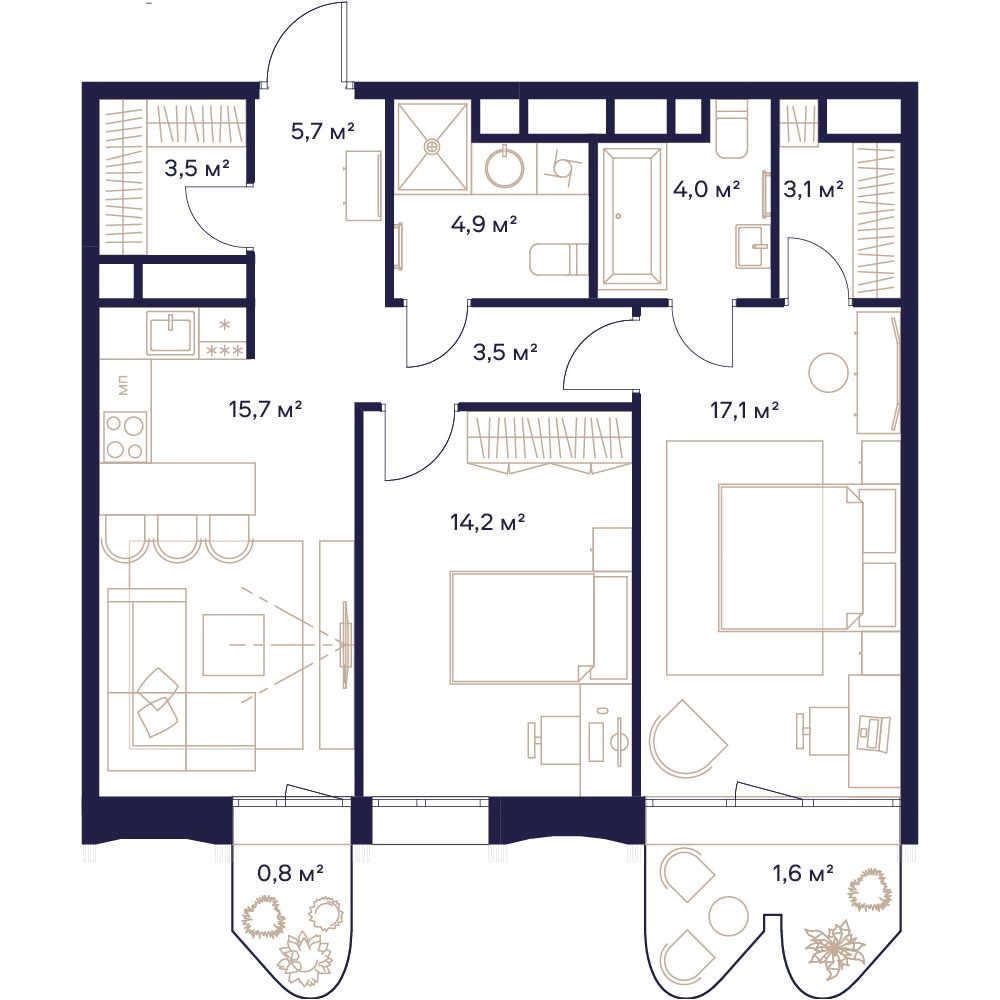 2 комн. квартира, 74.1 м², 14 этаж 
