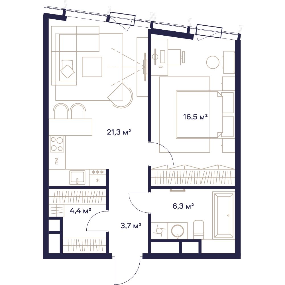 1 комн. квартира, 52.2 м², 21 этаж 