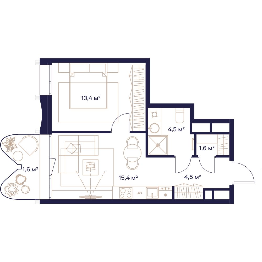 1 комн. квартира, 41 м², 12 этаж 