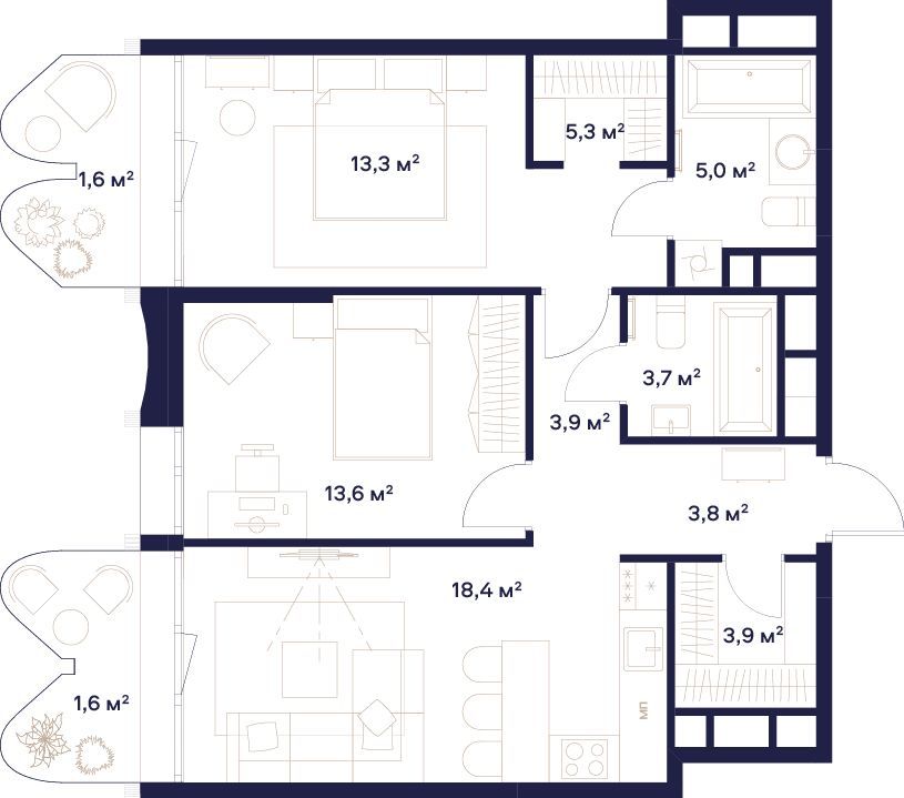 2 комн. квартира, 74.1 м², 15 этаж 