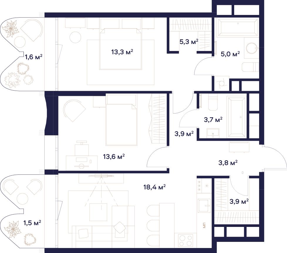 2 комн. квартира, 74 м², 18 этаж 