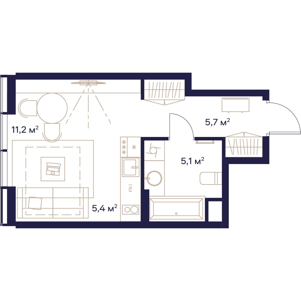 студия, 27.4 м², 2 этаж 