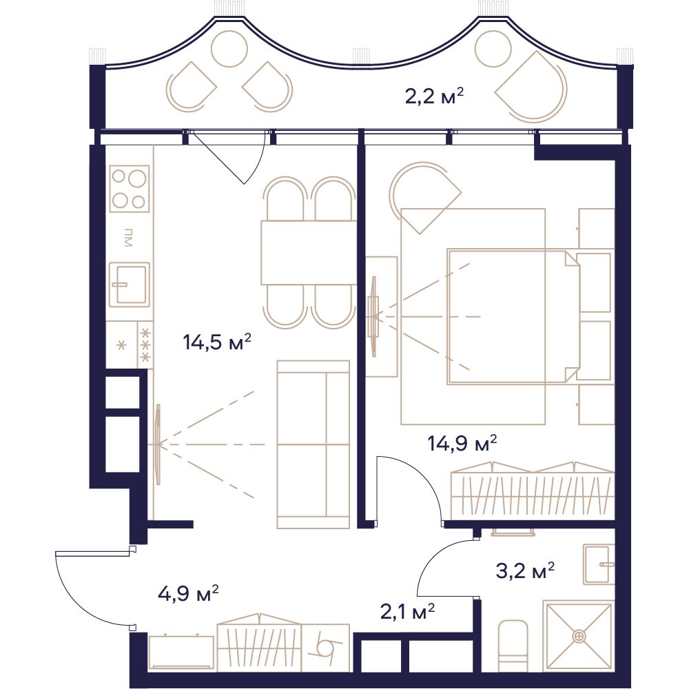 1 комн. квартира, 41.8 м², 19 этаж 