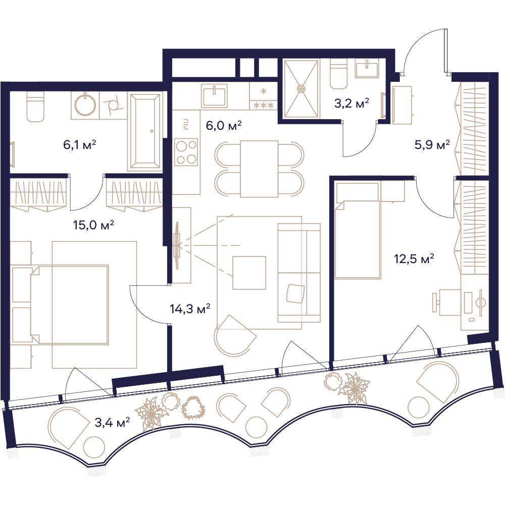 2 комн. квартира, 66.4 м², 15 этаж 