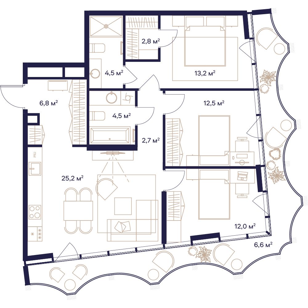 3 комн. квартира, 90.8 м², 20 этаж 