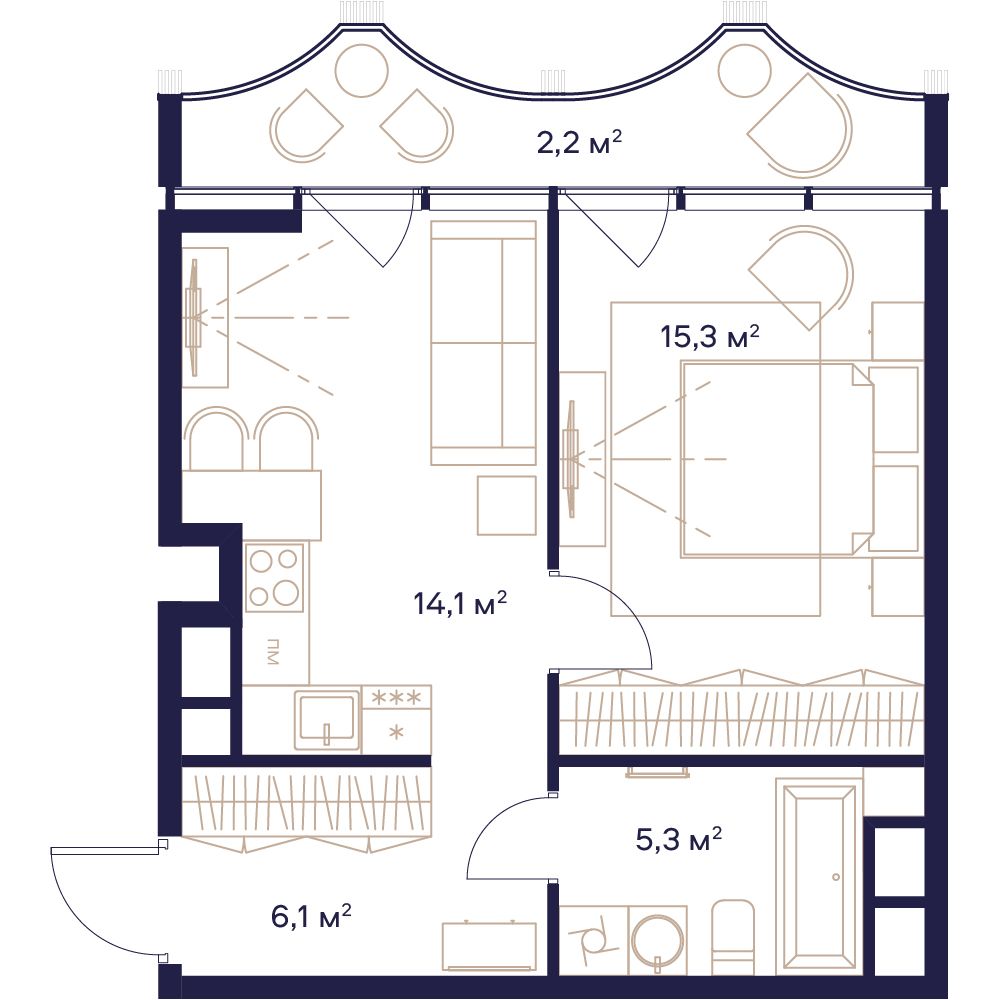 1 комн. квартира, 43 м², 16 этаж 