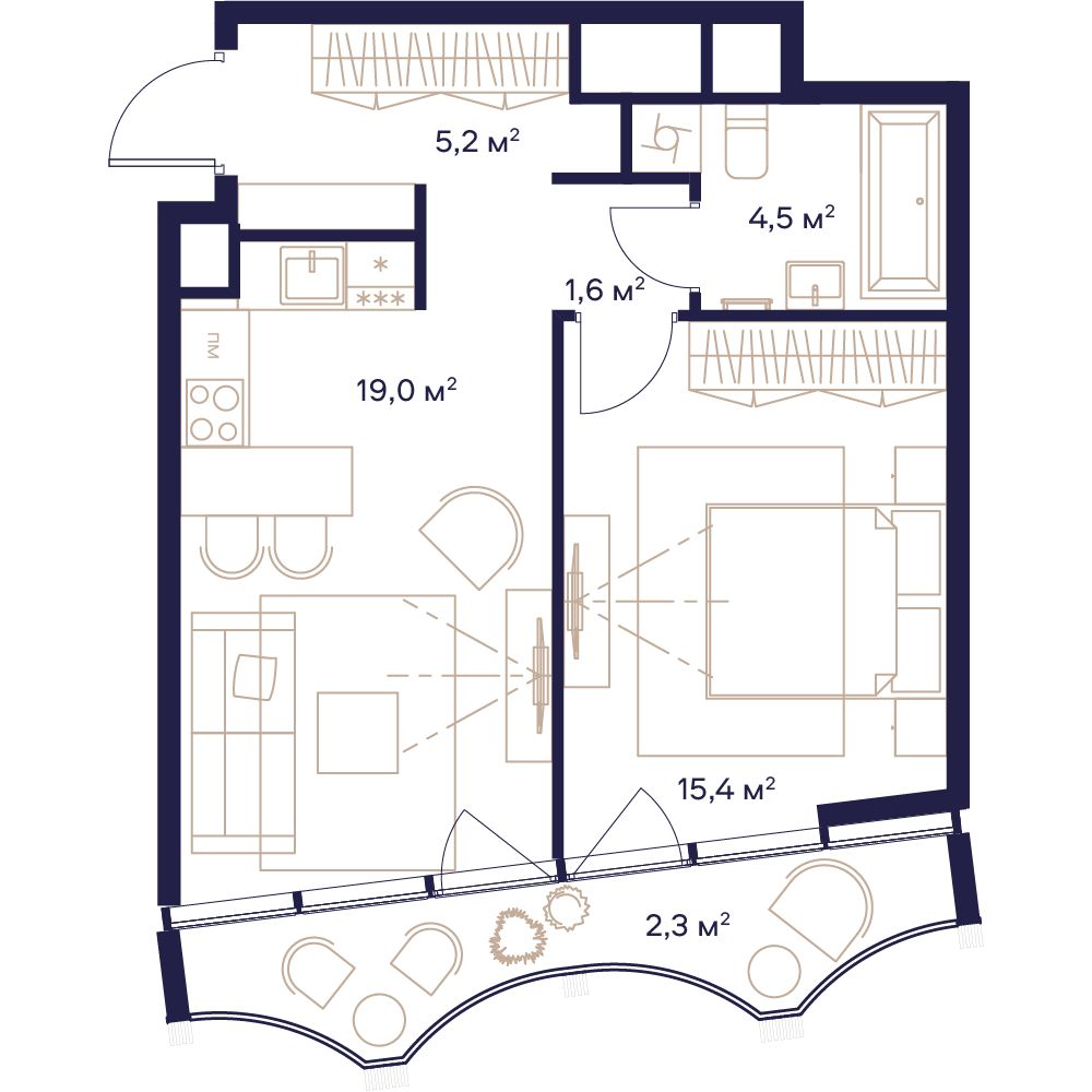 1 комн. квартира, 48 м², 15 этаж 