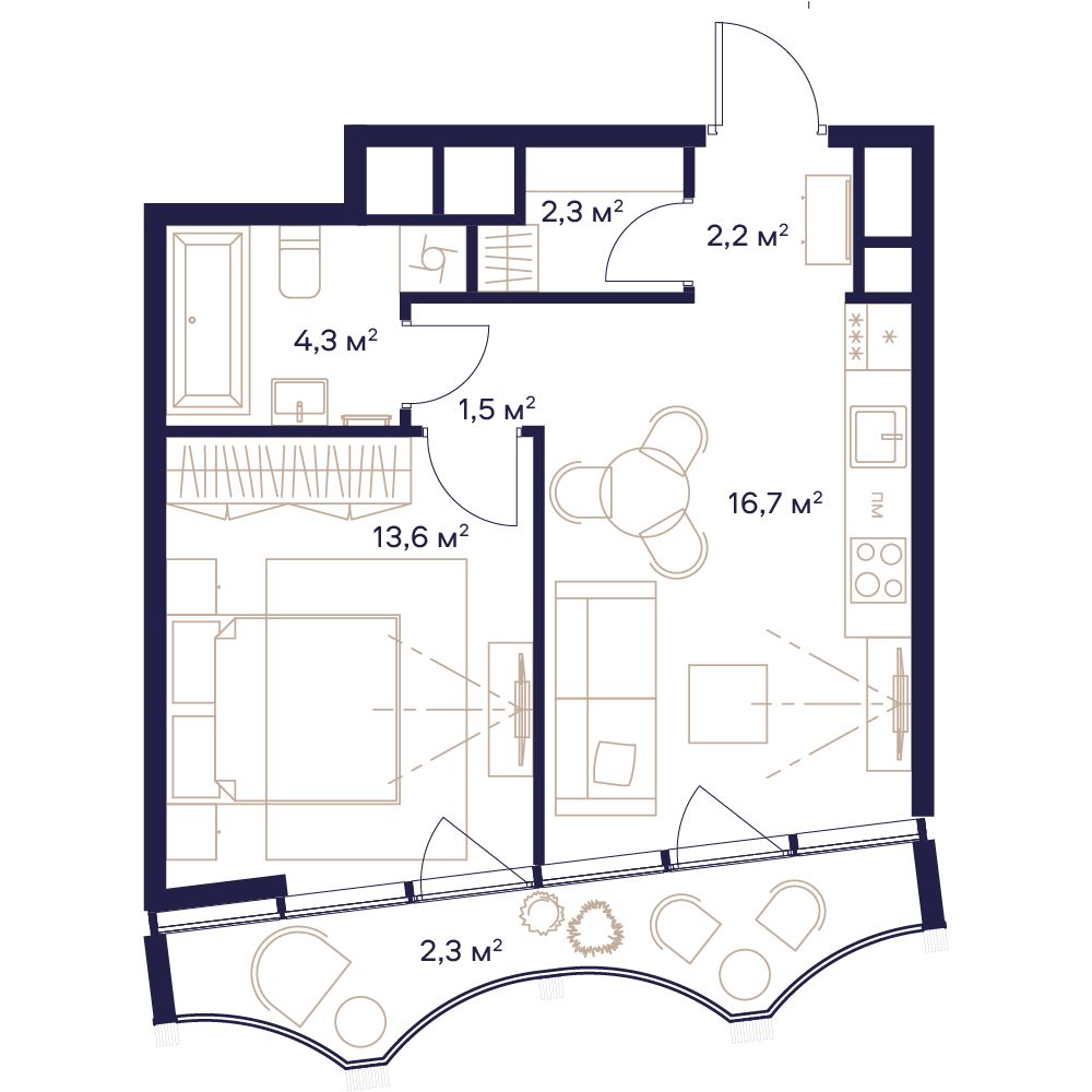 1 комн. квартира, 42.9 м², 20 этаж 
