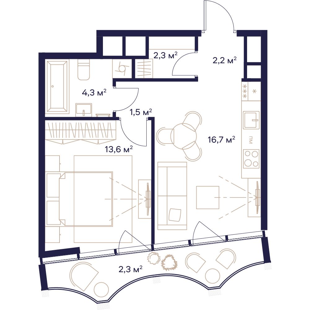1 комн. квартира, 42.9 м², 16 этаж 
