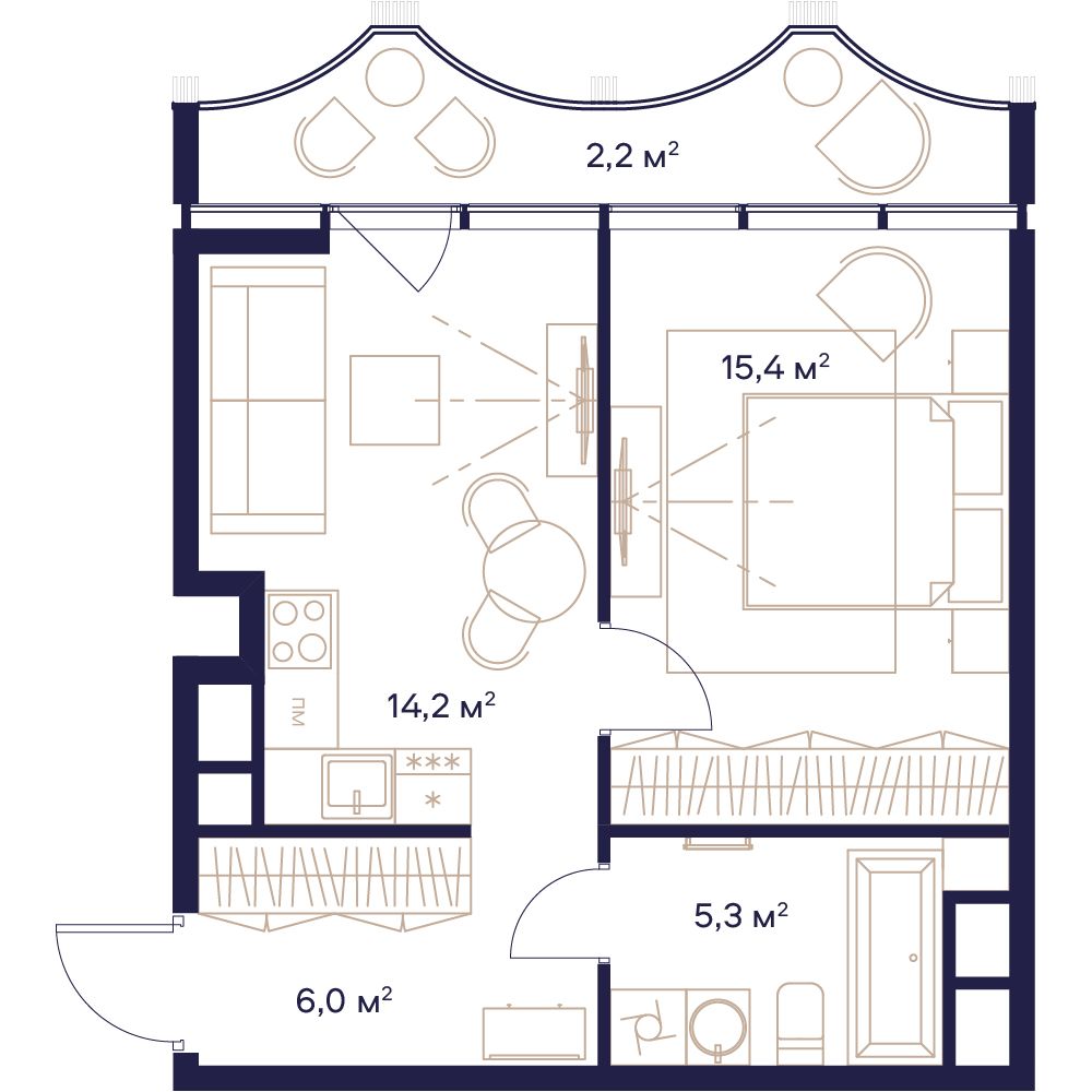 1 комн. квартира, 43.1 м², 20 этаж 