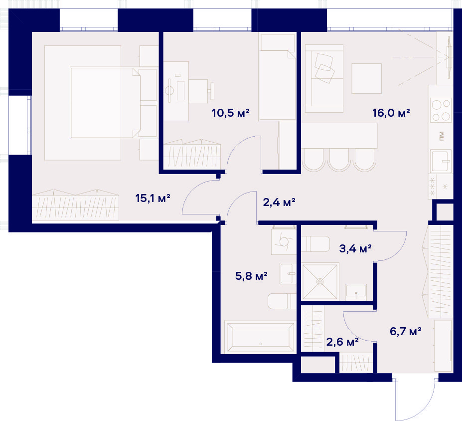 2 комн. квартира, 62.5 м², 2 этаж 