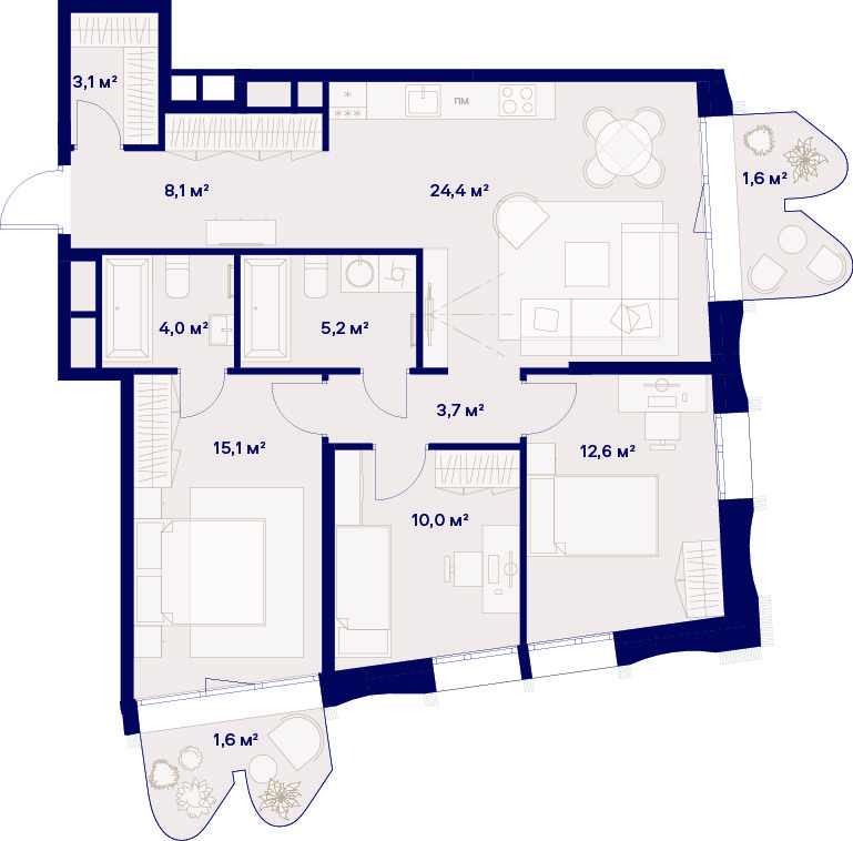 3 комн. квартира, 89.4 м², 14 этаж 