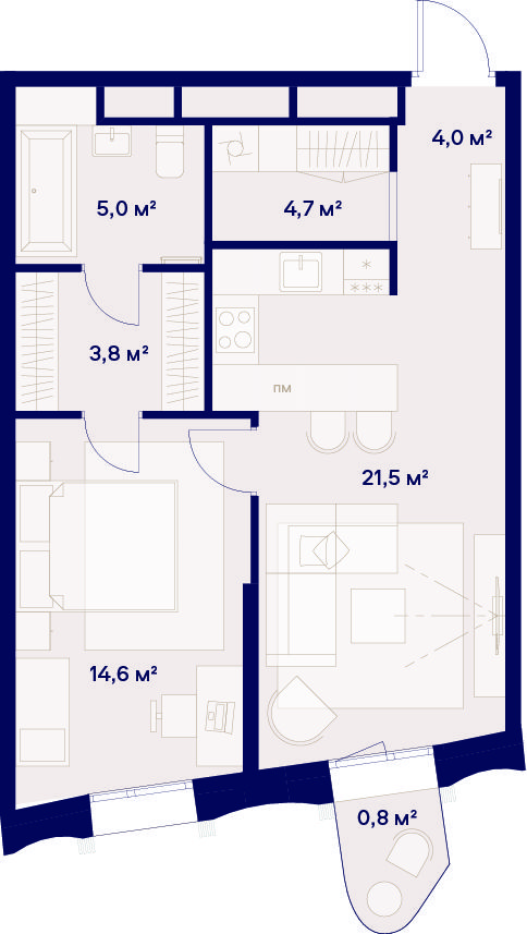 1 комн. квартира, 54.4 м², 14 этаж 