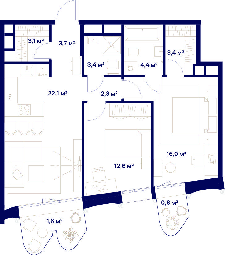 2 комн. квартира, 73.4 м², 16 этаж 