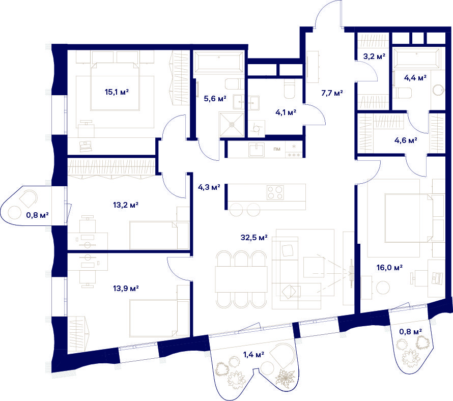 4 комн. квартира, 127.6 м², 18 этаж 