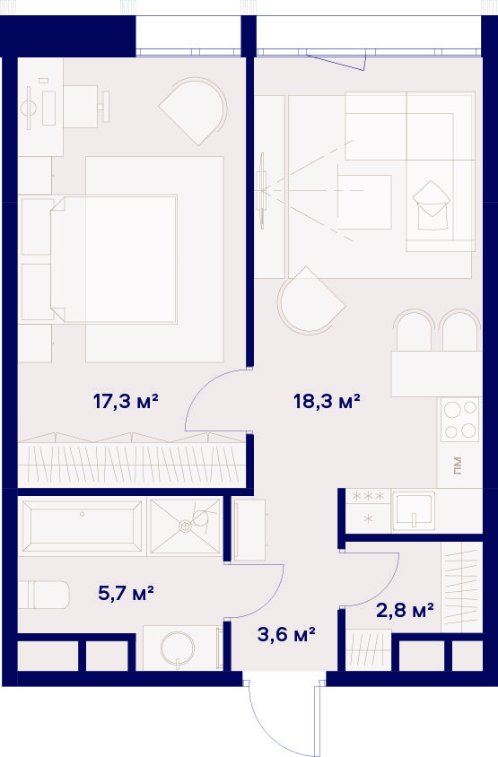 1 комн. квартира, 47.7 м², 4 этаж 