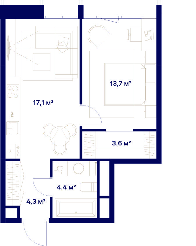 1 комн. квартира, 43.1 м², 4 этаж 
