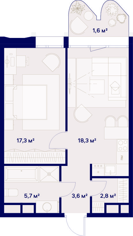 1 комн. квартира, 49.3 м², 6 этаж 