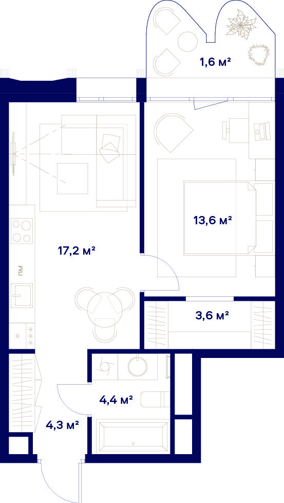 1 комн. квартира, 44.7 м², 6 этаж 