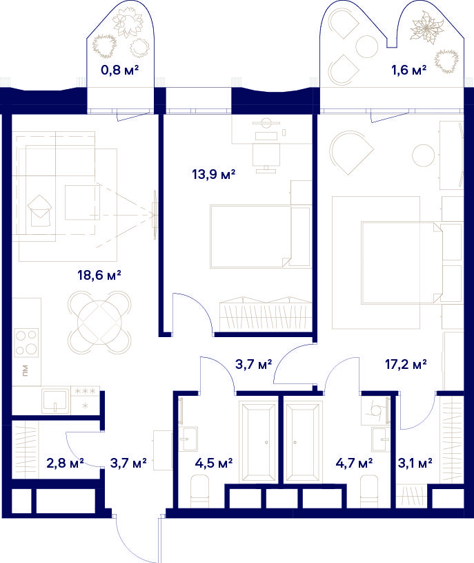 2 комн. квартира, 74.6 м², 9 этаж 