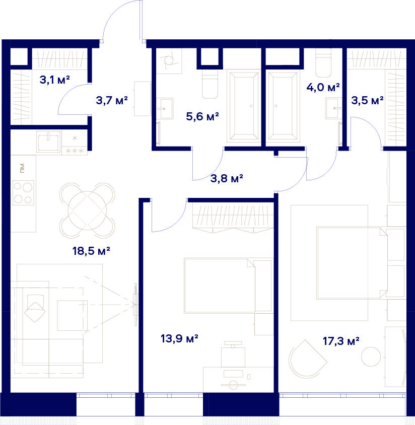 2 комн. квартира, 73.4 м², 2 этаж 