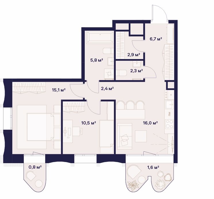2 комн. квартира, 64.1 м², 8 этаж 
