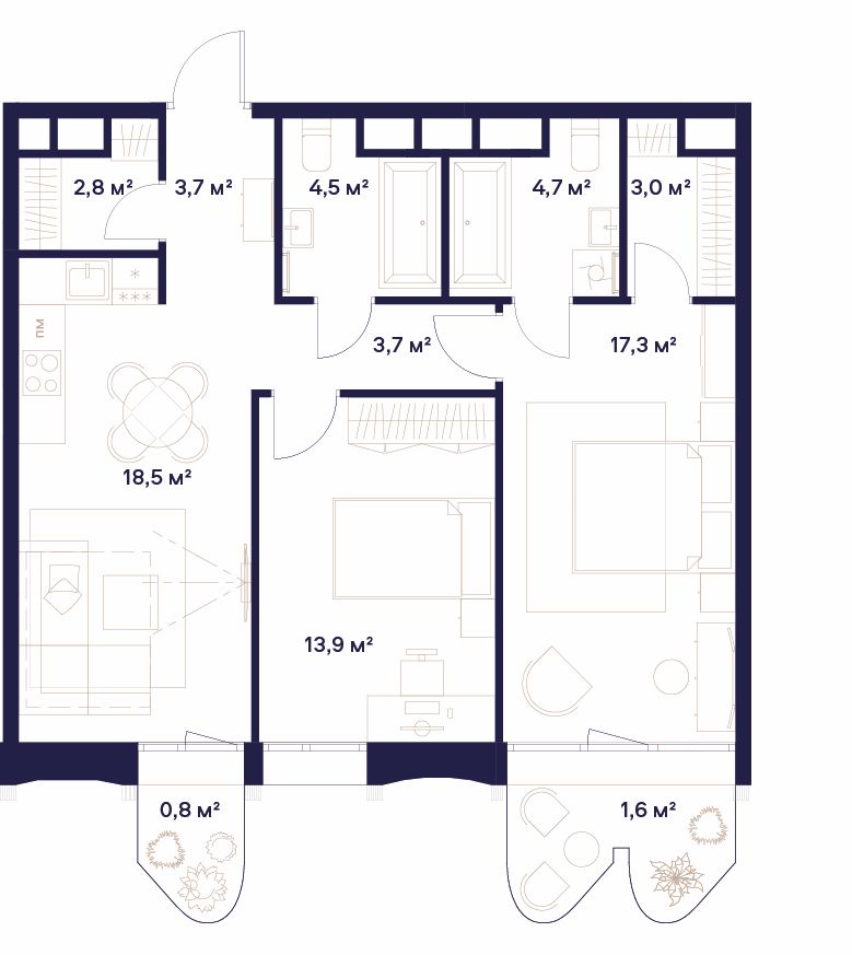2 комн. квартира, 74.5 м², 16 этаж 