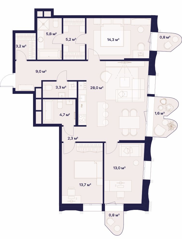 3 комн. квартира, 105.7 м², 6 этаж 