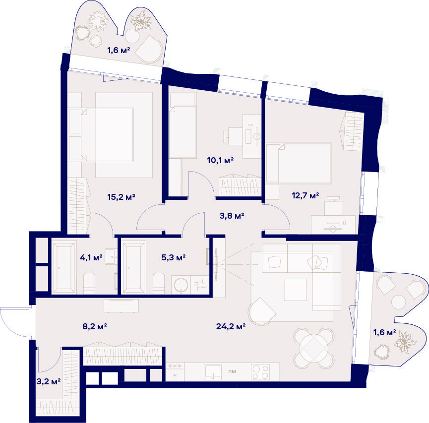 3 комн. квартира, 90 м², 6 этаж 