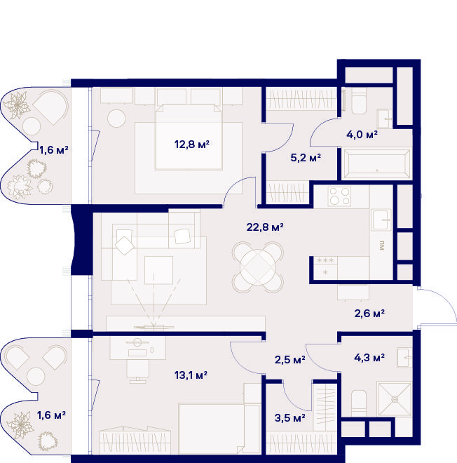 2 комн. квартира, 74 м², 18 этаж 