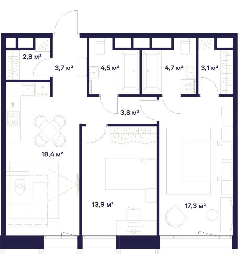 2 комн. квартира, 72.2 м², 5 этаж 