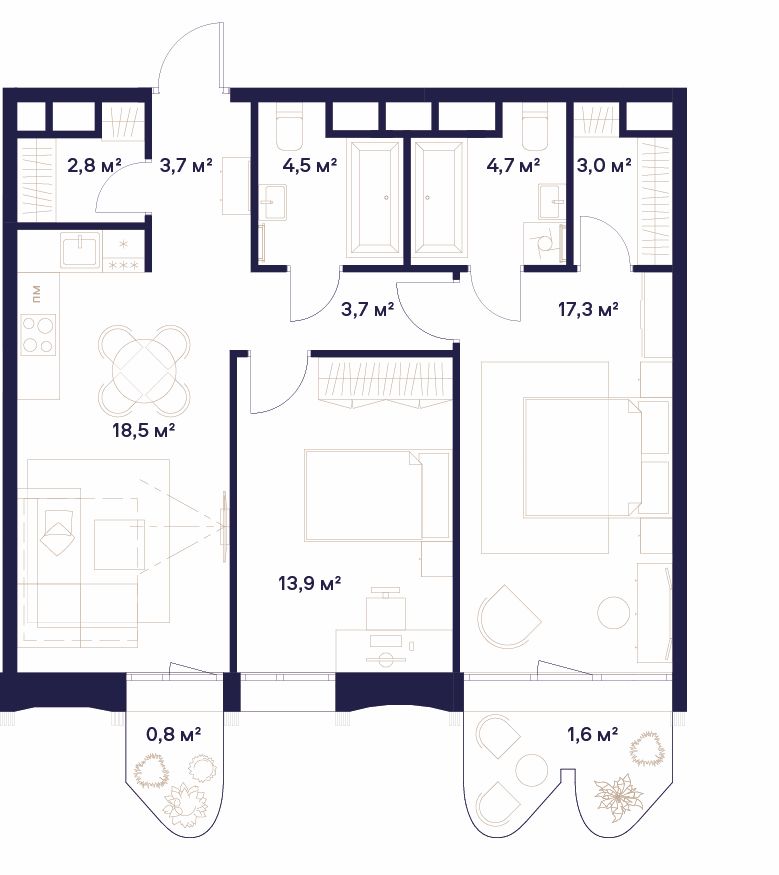 2 комн. квартира, 74.5 м², 19 этаж 