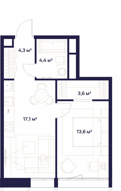 1 комн. квартира, 43.1 м², 3 этаж 