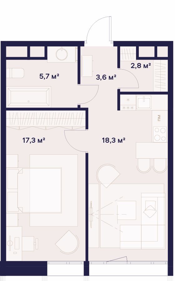 1 комн. квартира, 47.7 м², 3 этаж 