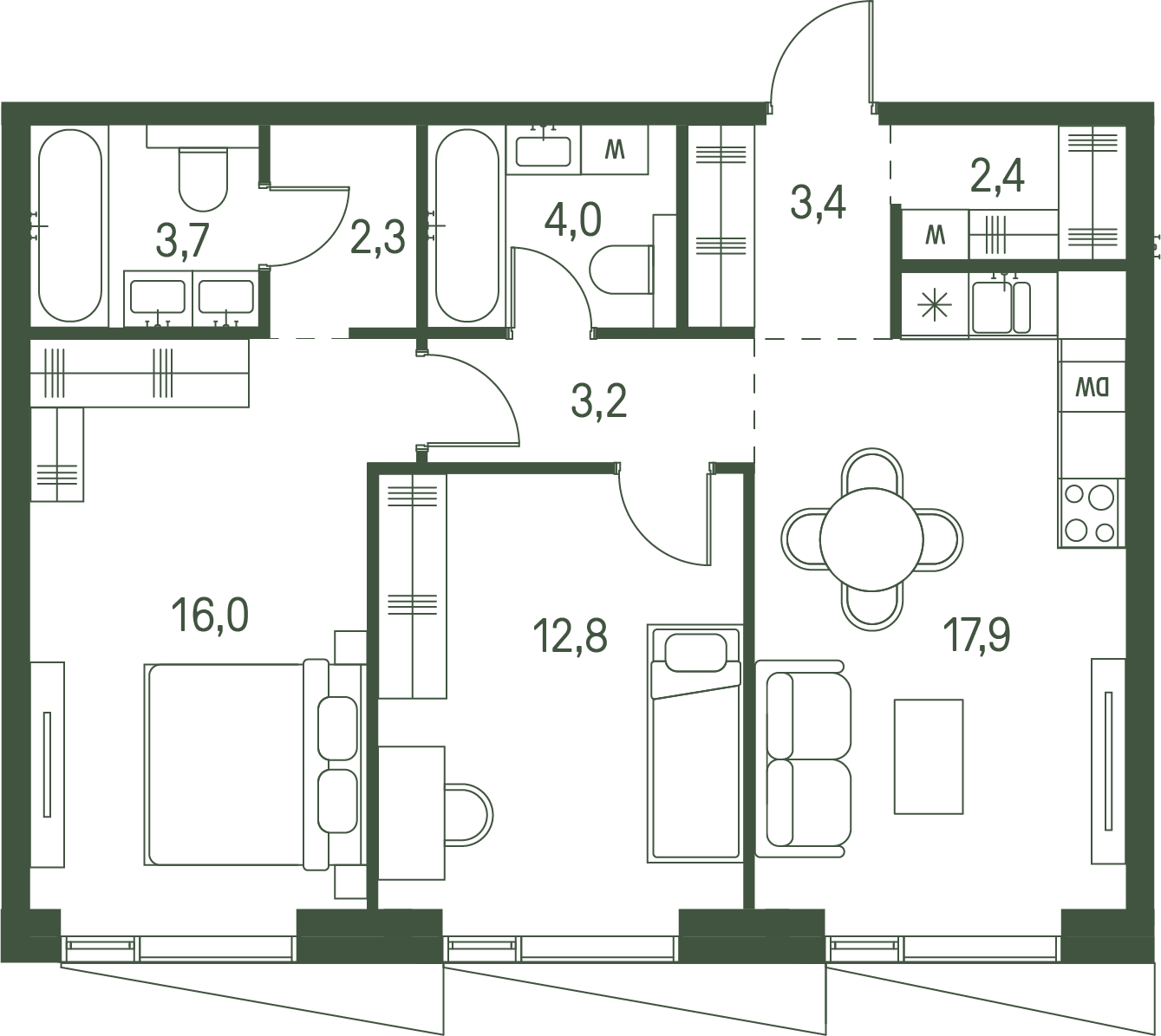 2 комн. квартира, 65.7 м², 31 этаж 